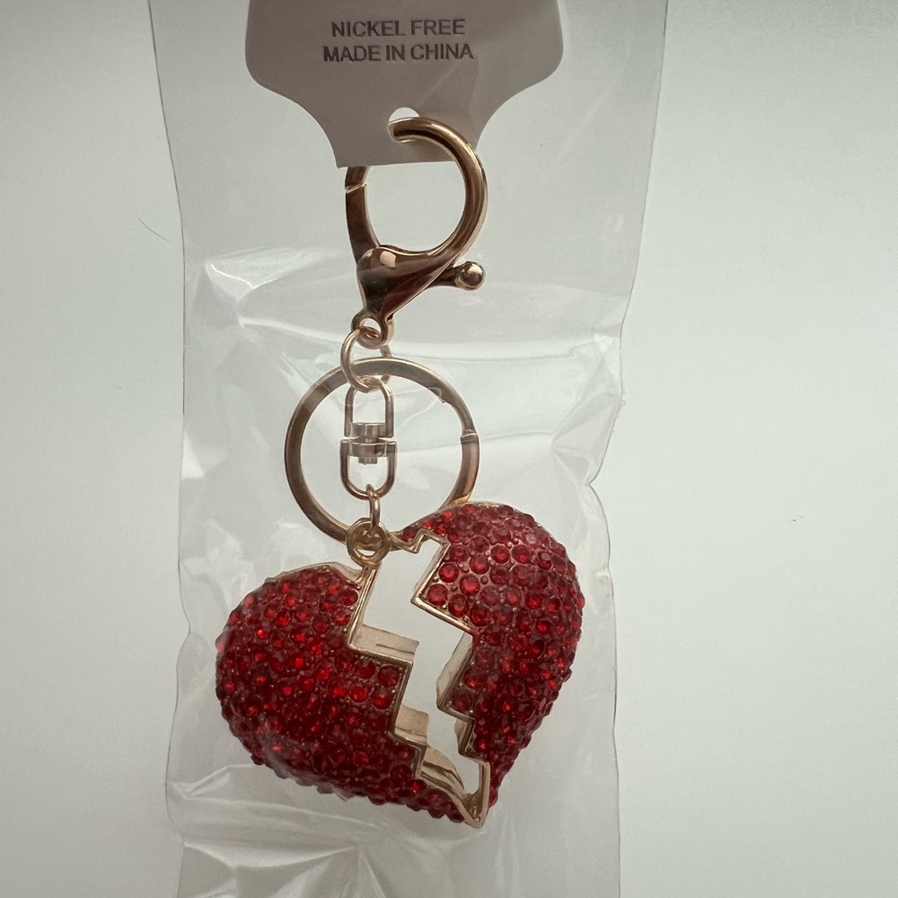 Red Broken Heart Keychain with Gold Accents